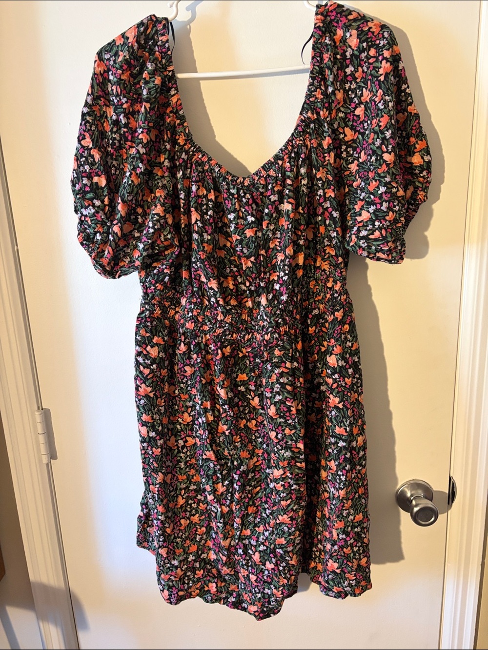 Terra & Sky Black Floral Puff-Sleeve Dress with Pink & Orange Flowers
